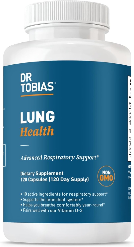 Dr. Tobias Lung Health Supplement with Vitamin C, Butterbur, Querbetin & Bromelain, Advanced Lung Cleanse Detox Formula pentru Bronhial & Respiratory System, Non-GMO, 120 Capsule, 120 Servings