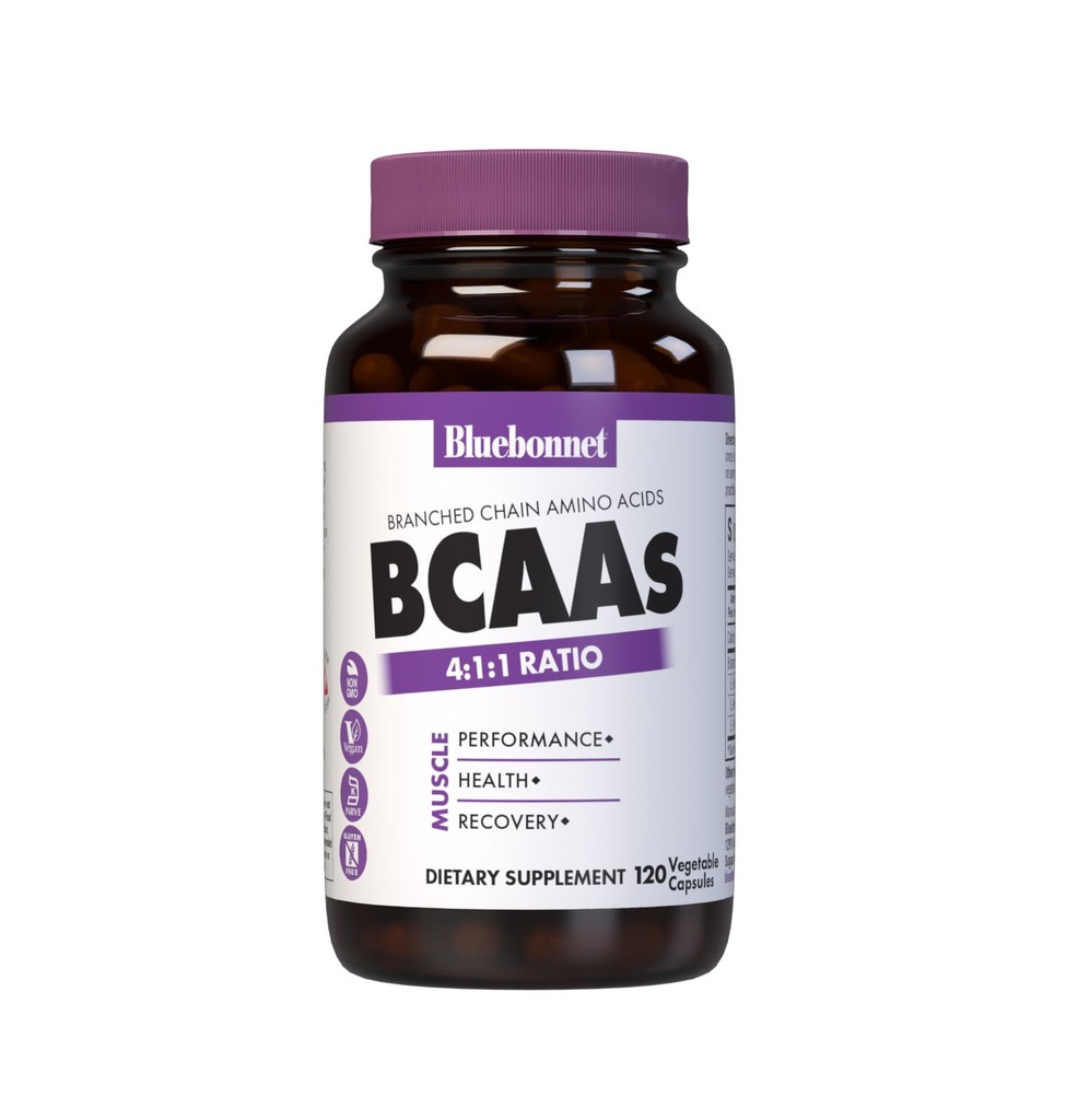 Bluebonnet Nutrition BCAAs 4:1:1 Ratio, Performanță musculară*, Sănătate musculară*, Reparații musculare*, Non-GMO, Vegan, Kosher Certified, Gluten-Free, Soy-Free, Dairy-Free, 120 Capsule vegetale, 30 Servings