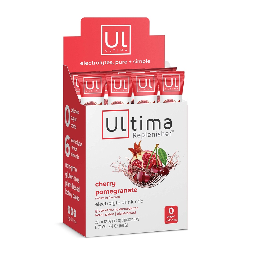 Ultima Replenisher Electrolyte Hydration Drink Mix, Cherry rodie, 20 Servind Stickpack Box, fără zahăr, fără carbohidrați, fără Calorii, Keto, Gluten-Free, Non-GMO, Vegan