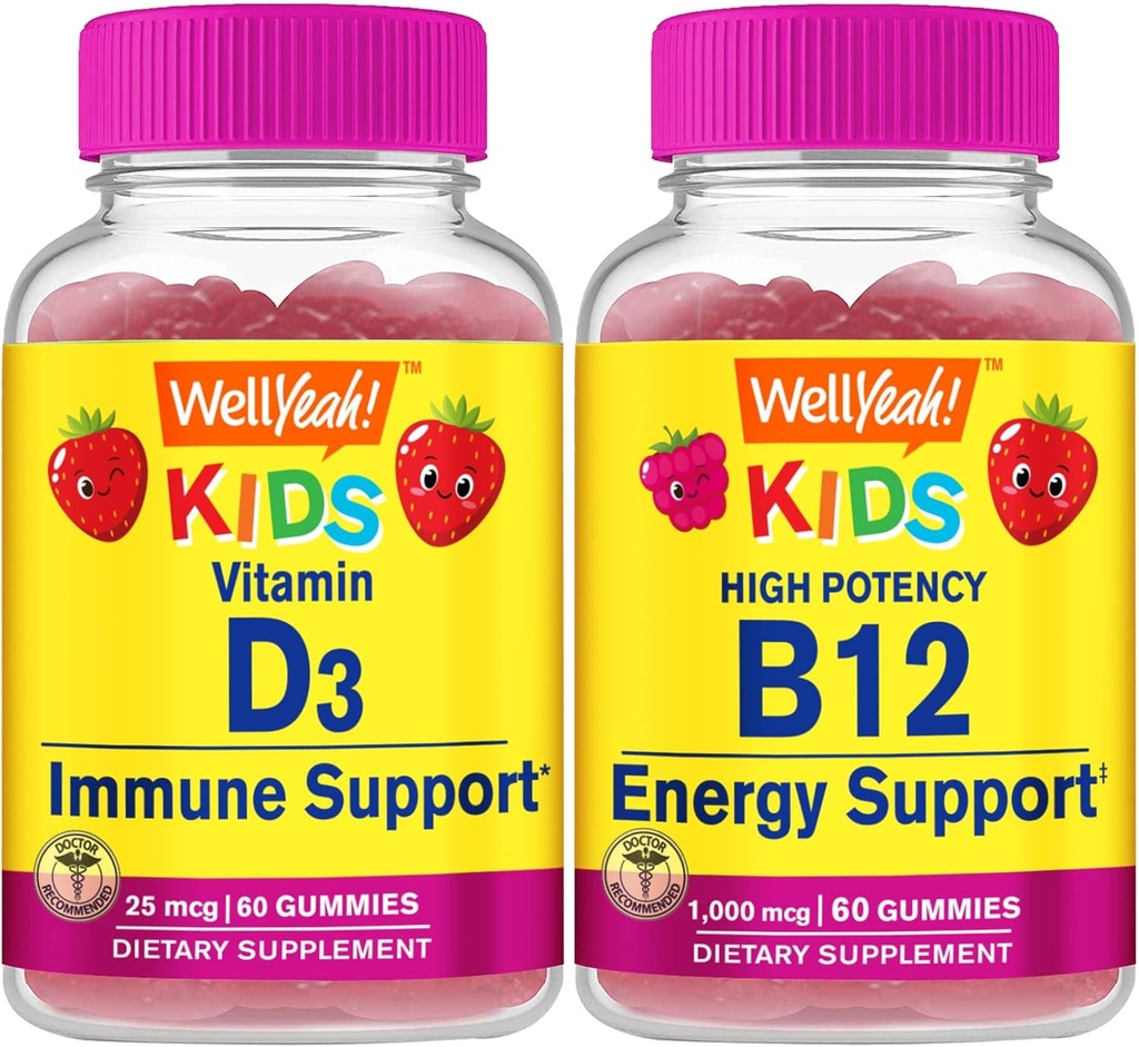 WellDah Vitamina D3 Copii + Vitamina B12 Copii, Gume Bundle - mare Tasting, Supliment de vitamine, Gluten gratuit, OMG-uri Gratuit, Guma de mestecat