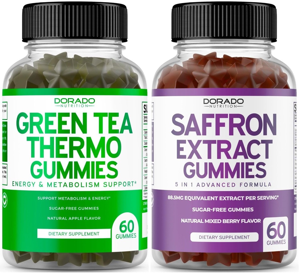 Ceai verde Fat Burner (60 Count) Pierdere în greutate Fat Burner Apetit Suppressant pentru adulți și Saffron Suplimente (60 Gummies) Premium Sugar Gratuit Gummy - 5 în 1 Formula avansată - Vegan Safe & SUA Made