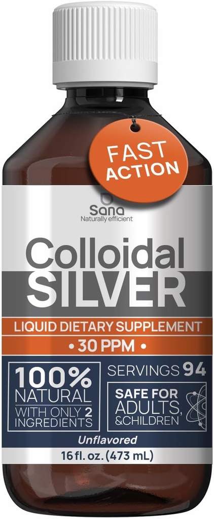 Lichid de argint coloidal 16 fl oz 30 PPM - Hidrosol Bioactiv Apă de argint - Suport Imun natural Nano Sol Soluţie Supliment - Minerale ionice - Argint organic structurat