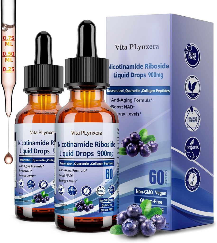 2 ambalaj Suplimente NAD pentru femei şi bărbaţi, NAD Nicotinamidă Riboside Resveratrol 900mg & Querbetin, Niacin, Colagen, Biotin, lichid NAD Plus Supliment NR900 pentru anti- imbatranire energie a pielii longevitate focus