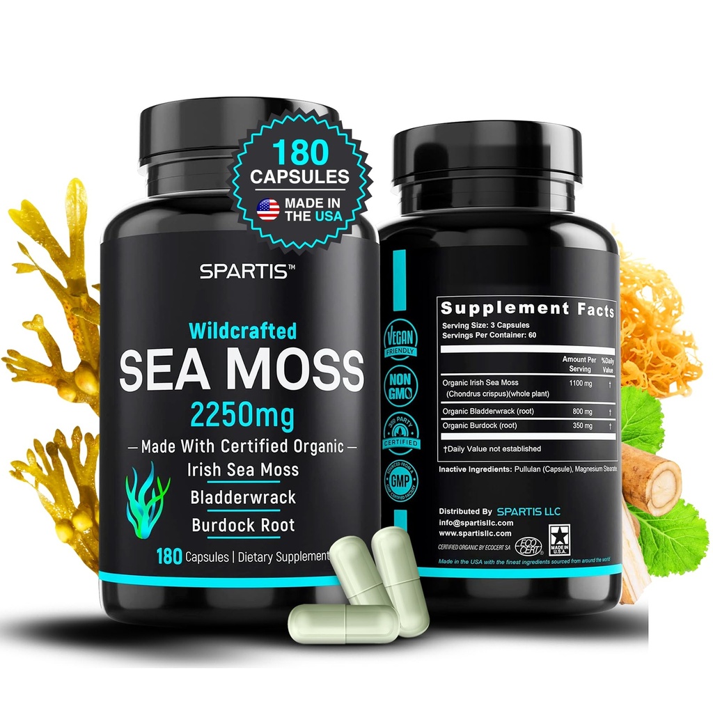 Certified Organic Sea Moss Capsules 2250 mg Wildcrafted Irish Sea Moss Brodock Root Bladderwrack Supliment Raw Seamoss Pills & Powder (Pachet de 1 la 180 Caps)