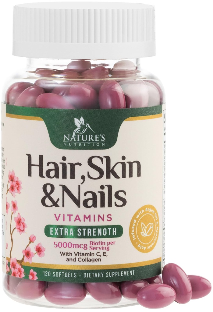 Hair, Skin & Nails Vitamins - Biotin 5000mcg Per Serving - Extra Strength Hair Growth Support For Women with Collagen, Argan Oil - Beautiful Skin, Hair & Nails Supplement - USA Bottled - 120 Softgels