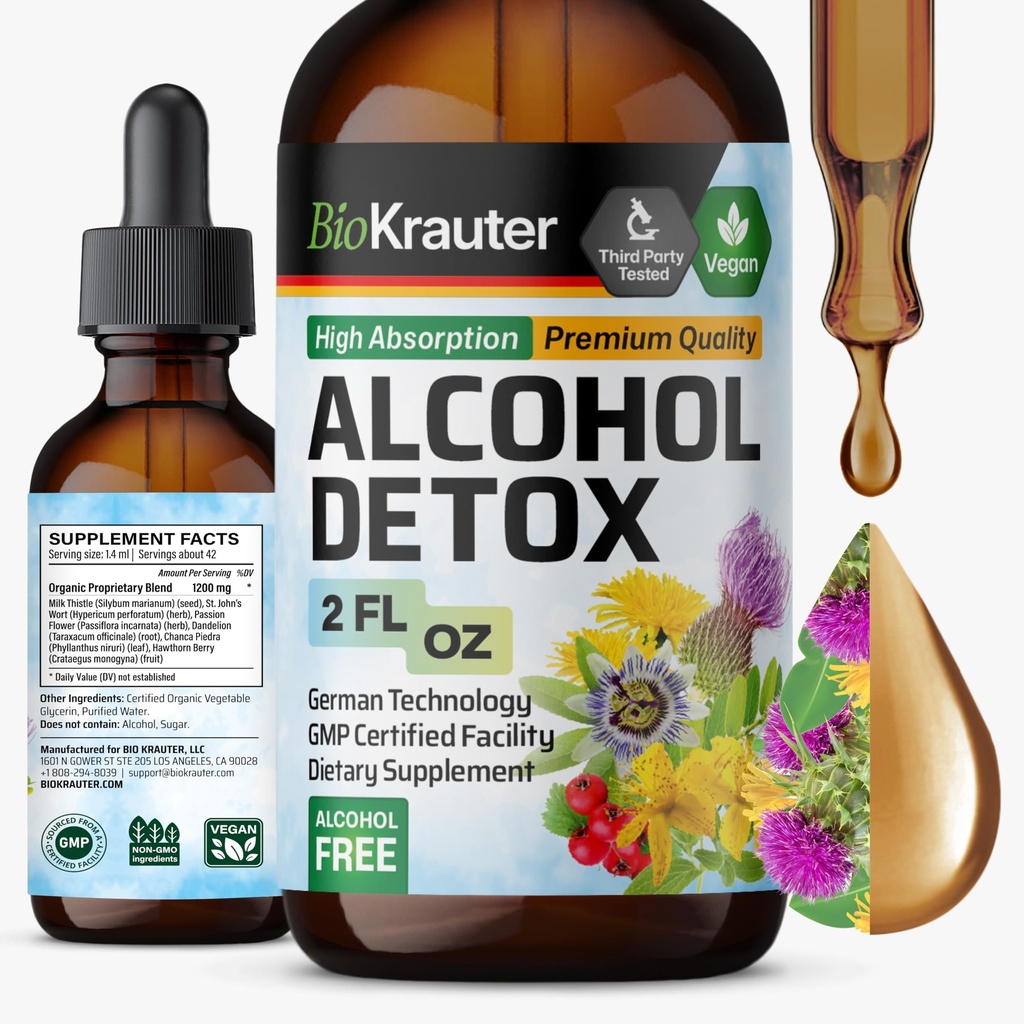 BIO KRAUTER Alcool dezintoxicare Tinctură - Ficat Curățenie & Detoxifiere Formula - Milk Thistle & Dandelion - Extract lichid de sprijin pentru ficat - Alcool și zahăr gratuit - Picături Vegan 2 Fl.Oz.