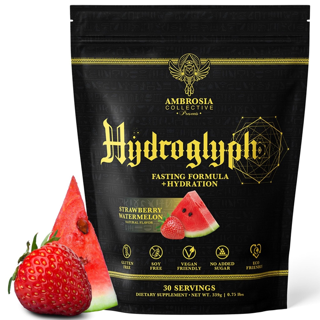 Ambrosia Hydrogliph Intraworkout Formula w/BCAA + EAA + Electroliti Hydration Powder to Protect Lean Muscle, 0g Sugar Fasting Hydration Drink Mix, Made w/Coconut Water (Strawberry Perech)