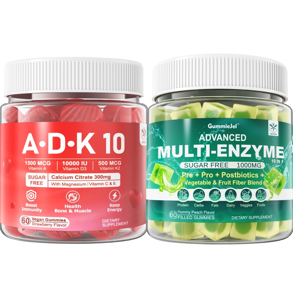 Enzime digestive Gummies 1000mg Chewable - Se rupe în jos alimente rapid, 90 miliarde CFU, Probiotic, Postbiotic, Prebiotic & Blend de fibre și vitamina ADK Gumies + Supliment de zinc de magneziu calciu