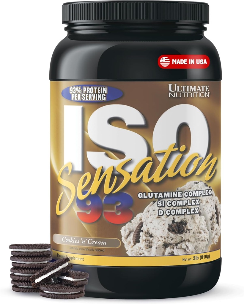 Ultimate Nutrition Whey Proteine Izolate Pulbere cu Glutamina Complex, ISO Sensation 93 - Whey Proteine pulbere cu Adăugat Colostru pentru recuperare îmbunătățită, Imunitate și Sănătate Gut - Cookies N Cream, 2lbs