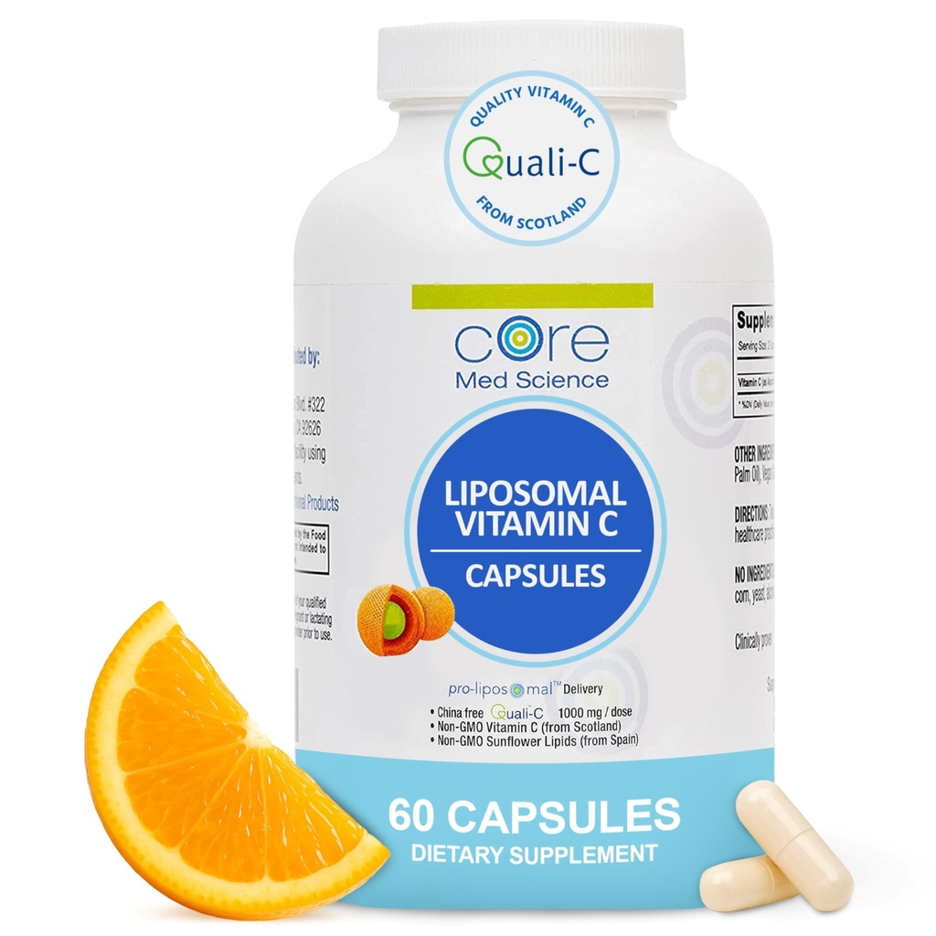 Nucleu Med Science Liposomal Vitamina C 1000mg, 60 capsule - non-GMO naturale lipozomal Vitamina C supliment care promovează sănătos pielea - Sistemul imunitar Booster pentru adulți, susține formarea de colagen