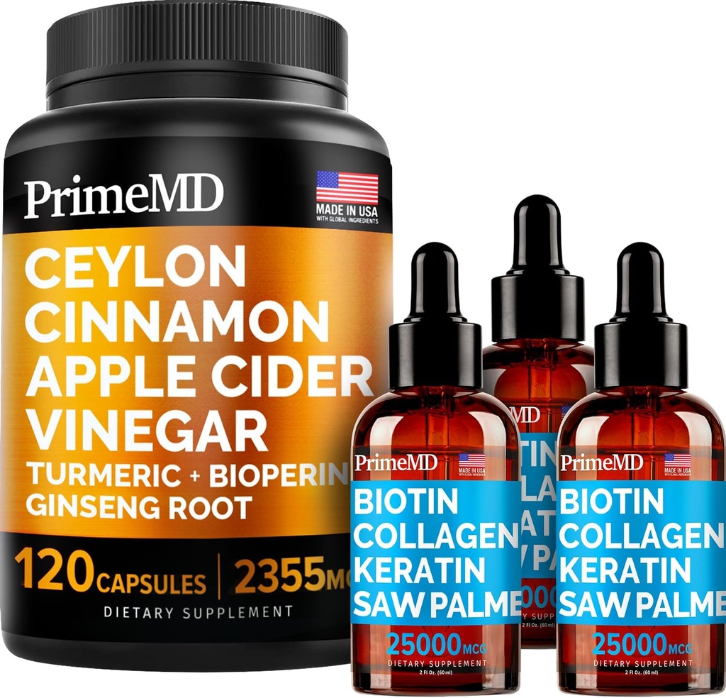 4-in-1 Liquid Biotin Collagen Keratin Saw Palmetto picături (2 fl oz - 3 ambalaj) & 5-in-1 Ceylon Scorțișoară w Turmeric & Ginseng Root (120ct) Bundle - păr, piele, unghii, și supliment de sprijin imun