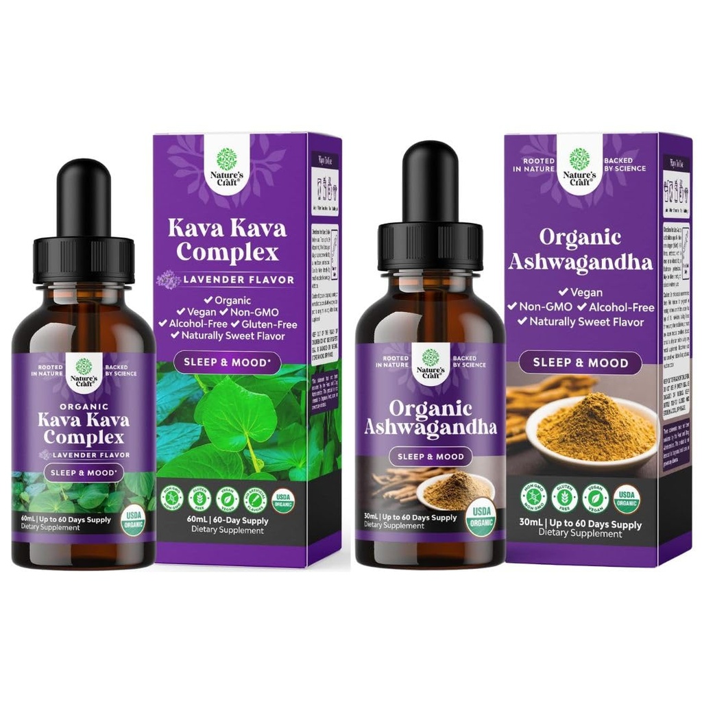Bundle de Kava Kava lichid potent picaturi supliment cu Kavalactonă pentru somn mai bun și USDA picături organice Ashwagandha lichid - extract de rădăcină Ashwagandha pentru stres și suport de mood pentru adulți