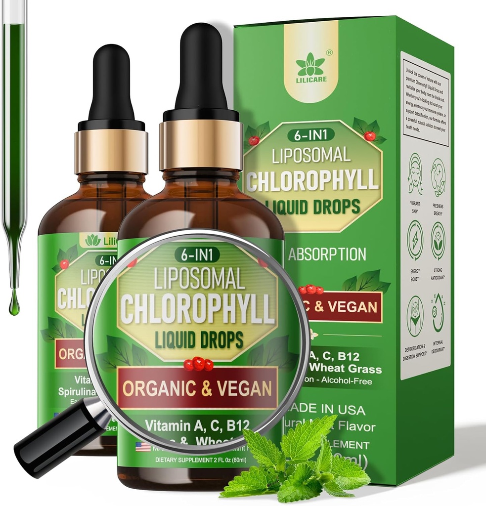 Clorofile organice picături lichide lipozomal pentru femei și bărbați, 6-in-1 Greens Superfood Clorofila Vegană w/Spirulina, Iarba de grâu, vitamina C B12 A pentru deodorant intern*, Energie,Digestive,2Packs/4 Fl Oz