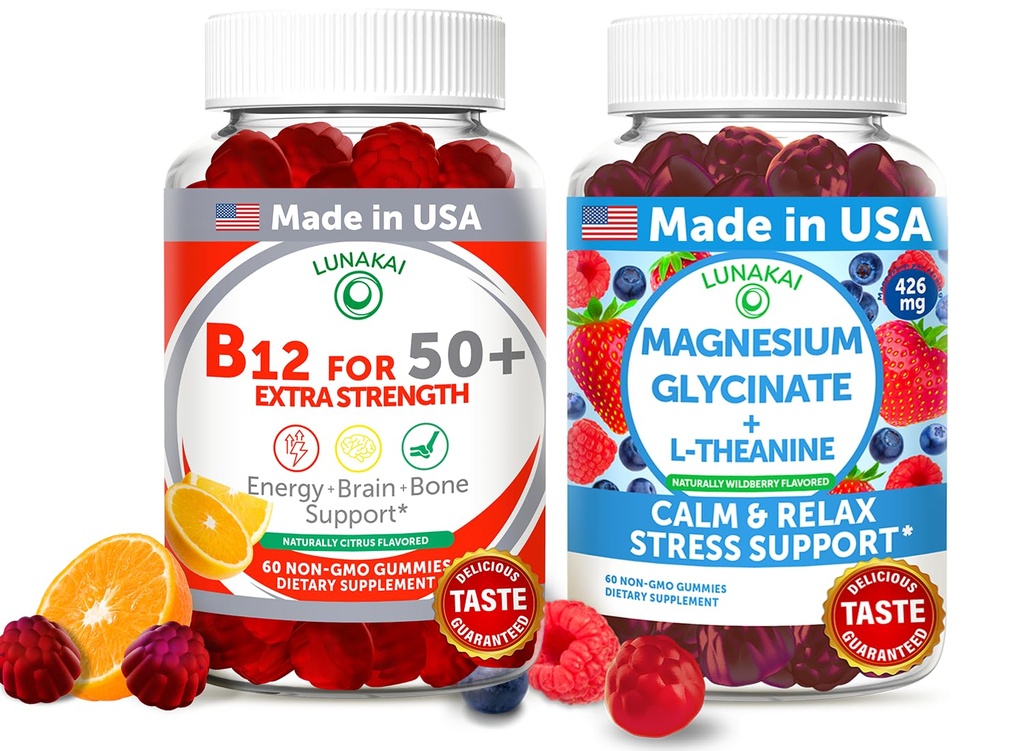 Lunakai Statele Unite ale Americii Made Vitamina B12 pentru adulți 50+ & Magneziu Glycinate Gummies Bundle, Sprijină Energie, Mood, Relaxare & Stress Relief, Non-GMO, Vegan, 60ct Fiecare