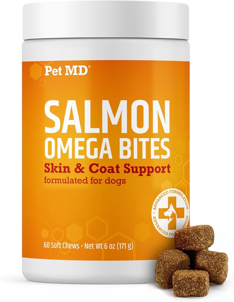 Pet MD Salmon Omega Bites pentru câini - Skin and Coat Supplement with Omega 3 & 6 for Dogs Plus DHA & EPA - Promovează alergie & Dry Skin Relief - 60ct