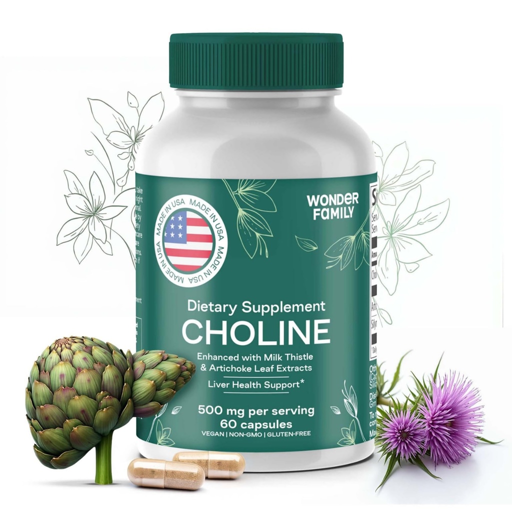 Choline Bitartrate 500MG - Premium Suplimente de colină - Suplimente de suport hepatic & Gallbladder - Colina Suplemento 500 mg Orgánica - Vitamina cerebrală pentru memorie și concentrare - 60 Capace de colină