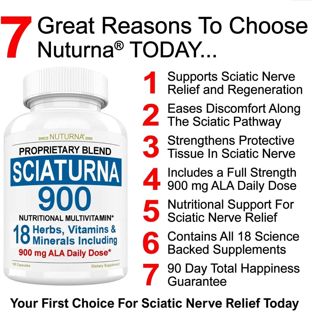 Sciatic Nervi Formula suport cu 900 mg Alpha Acid Lipoic - 18 in 1 Sciatica Nervi Supliment pentru Inferioară, Hip, Lumbar, Leg, Picior Curcumin Turmeric - 180 pastile realizate în Statele Unite ale Americii