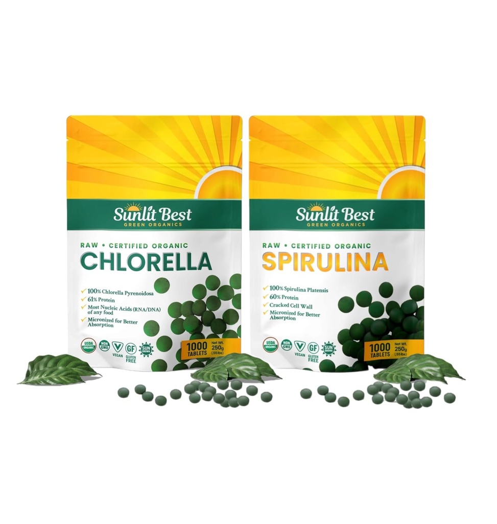 Sunlit Cel mai bun Premium Chlorella & Spirulina 1000 Count Tablet Bundle 