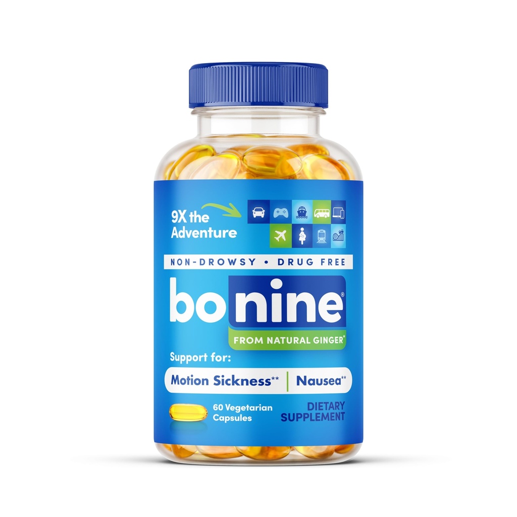 Capsule lichide cu extract de ghimbir Bonine - Relief de boală cu mișcare non-drowsy - 40 mg Supliment de ghimbir pentru boala de dimineață și Greață Ajutor - Cruise Ship Essentials - 60 Capsule