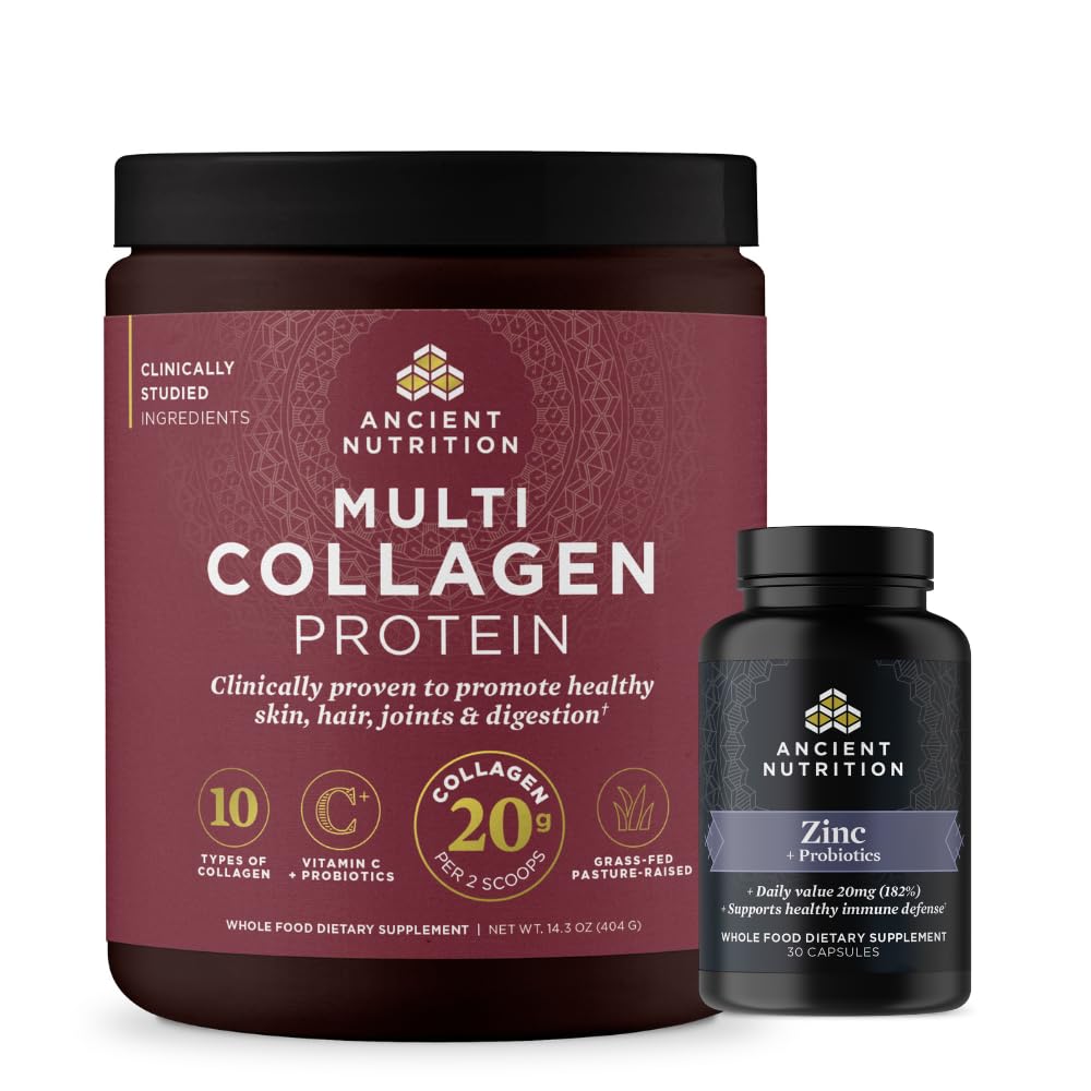 Capsule de zinc cu nutriție antică, 30 Număr + Multi Colagen Pulbere de proteine, nearomatizate, 40 Serviri