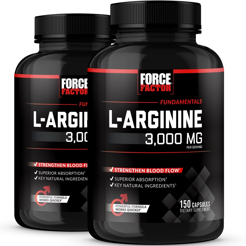 Force Factor L-Arginină, Nitric Oxid Supliment cu BioPerine pentru a ajuta la construirea musculare și suport mai puternic fluxul sanguin, circulatie, Nutrient de livrare, & Pompe, L-Arginină 3000mg, 150 Conte (Pachet de 2)