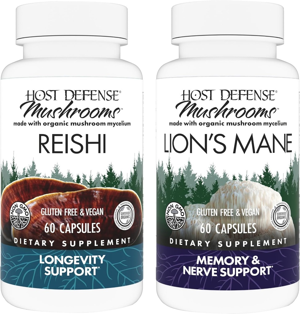 Hoste Defense Bundle with Reishi Capsules, 60 Count & Lion's Mane Capsules, 60 Count - Support Heart & Immune Health - Support Brain Health, Memory & Focus