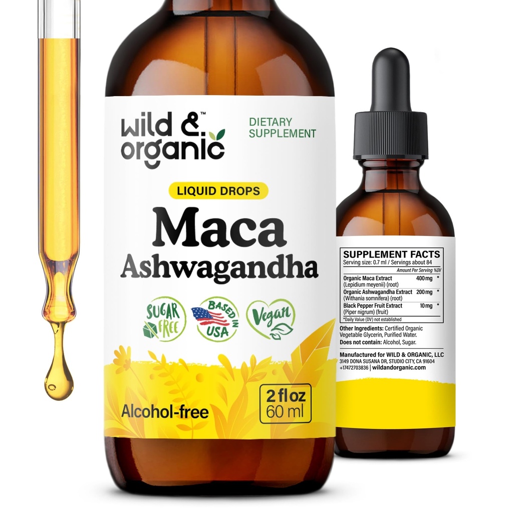 Salbatice & Organic Maca Ashwagandha picături pentru bărbați și femei - Peruvian Maca Root și Ashwagandha Tinctură pentru suport global - Vegan, Sugar & Alcool-Extract gratuit - 2 fl oz