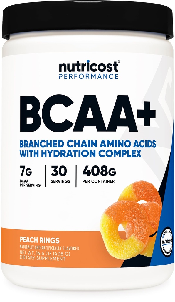 Nutricost BCAA + pulbere de hidratare (Inele de piersici) 30 Serviri - Aminoacidi din lant ramificati cu complex de hidratare - Gluten-free, non-GMO