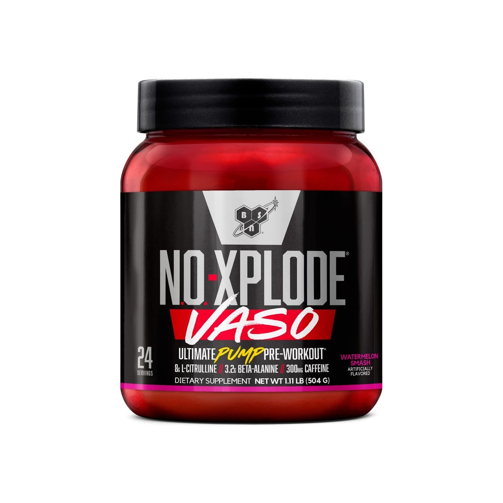 BSN N.O.-XPLODE Vaso Pre Workout Pulbere cu 8g de L-Citrulină și 3.2g Beta-Alanină și energie, aromă: pepene verde Smash, 24 Serviri