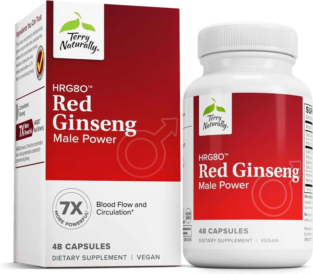 Terry Natural HRG80 Red Ginseng de sex masculin putere - circulatie sange si suport suport suplimentar - Supliment alimentar cu Ginseng & Zinc - Supliment vegetal pentru suport energetic - 48 capsule