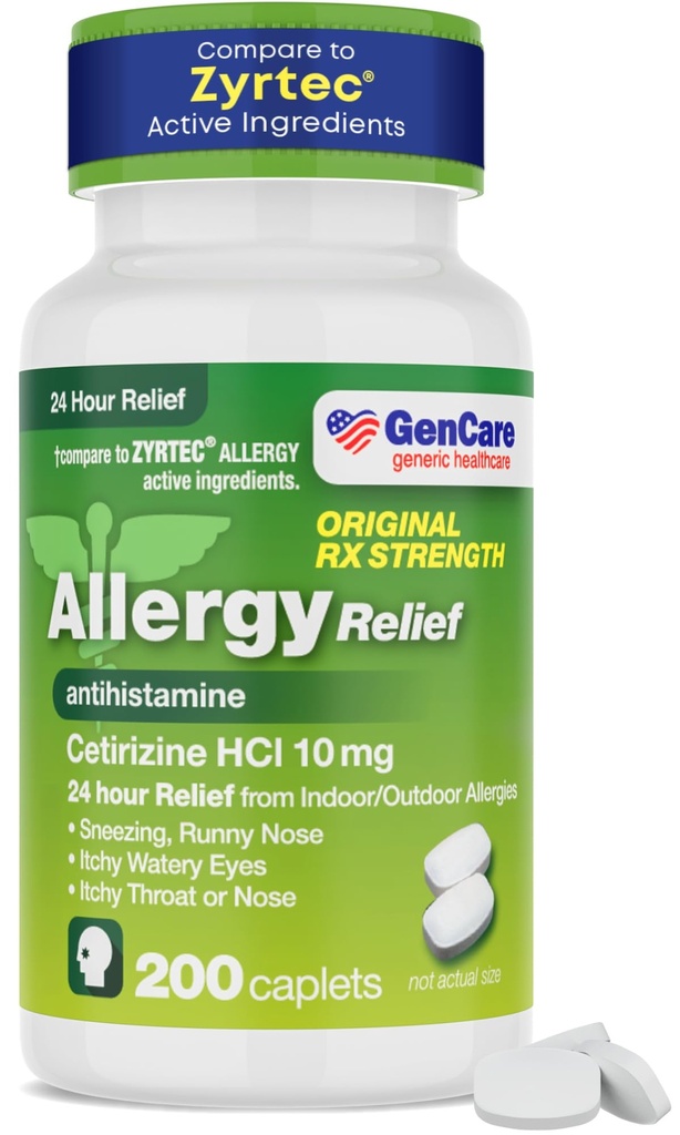 GenCare - Cetirizina HCL 10 mg (200 caplete) - Pastile de salvare pentru alergii non-drowsy - Medicamente generice pentru alergii OTC - Medicamente antihistaminice pentru respirație, mâncărime la nivelul nasului - Zyrtec generic