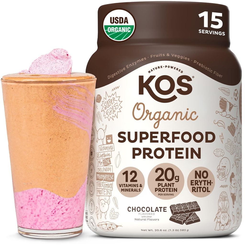 KOS Pe bază de plante de proteine praf, ciocolată USDA Organic - carbohidrat scăzut Proteina Blend, Vegan Superfood cu vitamine si minerale - Keto, soia, lactate gratuit - Mese de schimb pentru femei si barbati - 15 Serviri