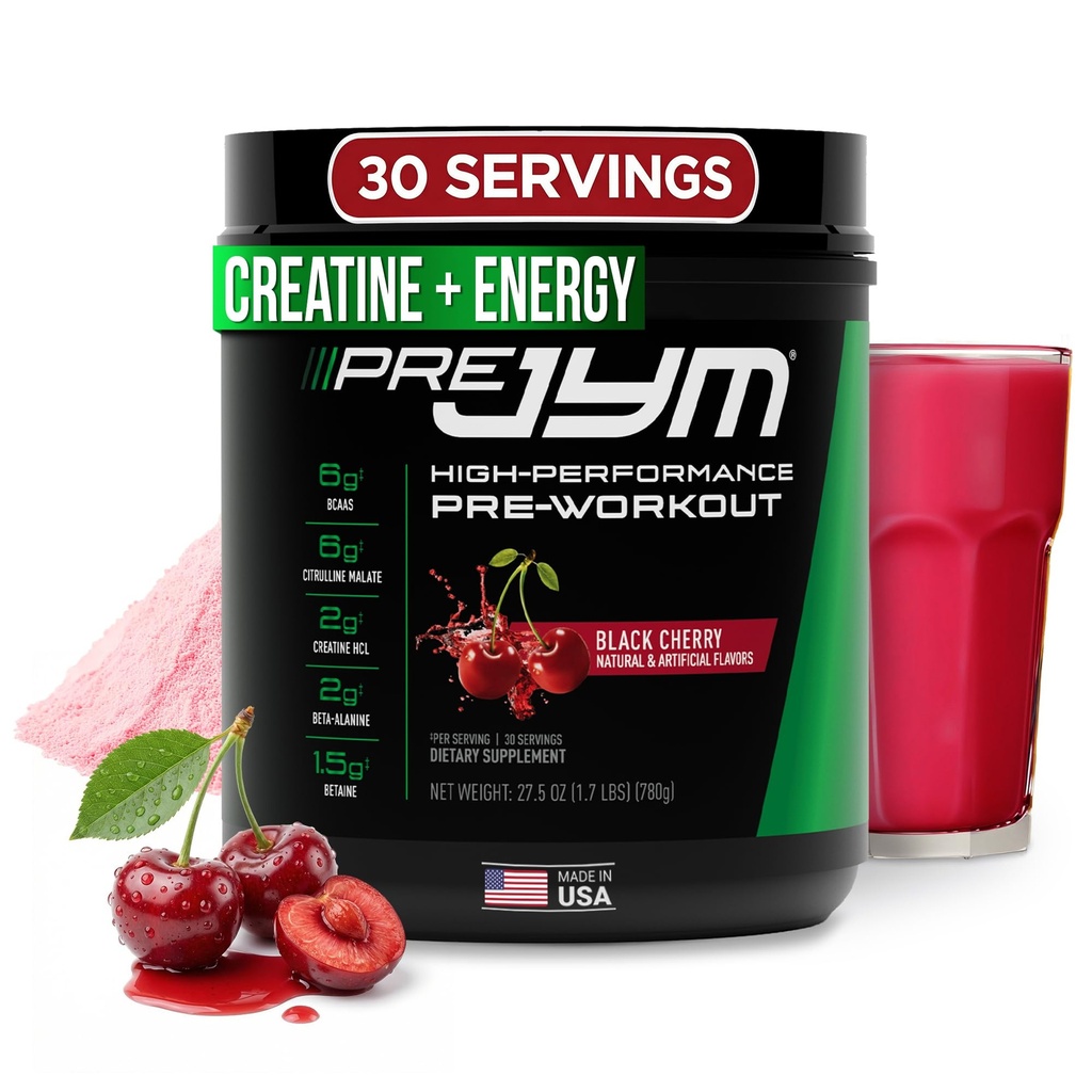 JYM Supliment Science Pre JYM Black Cherry Pre Workout Pulbere pentru bărbați și femei, BCAAs, Nootrops, Creatine HCI, Citruline, Beta-Alanine, Betaine, Taurină, Huperzine, 30 Serviri