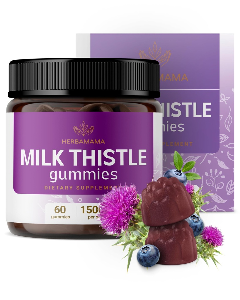 HERBAMAMA Milk Thistle Supliment - 1500mg Milk Thistle Seed Gummies for Liver Cleanse - Vegan, Non-GMO Liver Support with Silybum Marianum - 60 Pectin-Based Blueberry-Flavored Chews