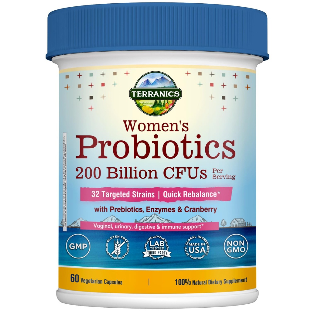 Terranics Daily Probiotics for Women, 200 Miliard 32 Strains Womens Probiotics, with Cranberry, Prebiotics & Enzymes, Reechilibral Vaginal Flora & pH, Întârziere lansare, Perioada de valabilitate Stabil, 60 Vegan Caps