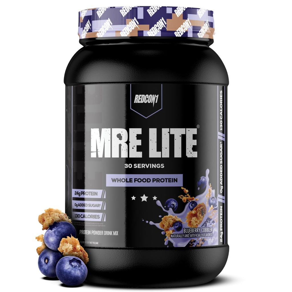 REDCON1 MRE Lite întreg praf de proteine alimentare, Blueberry Cobbler - Low Carb & Whey Free Meal Înlocuire cu amestecuri de proteine animale - Ușor de digerat Suplimentul făcut cu uleiuri MCT (30 Serviri)