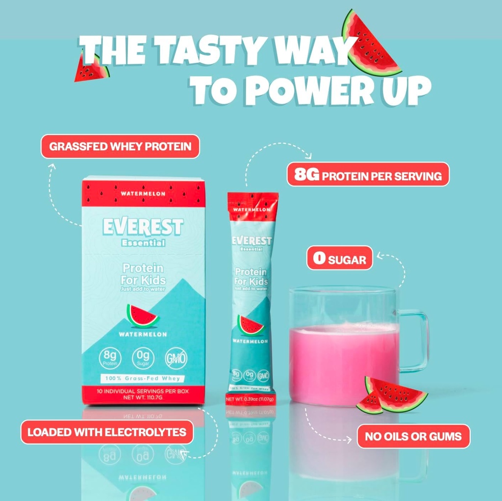 Everest Essential, puștiul de culoare albă Pulbere de proteine (Watermelon, 10 Pachete) Amestec de băutură proteine pentru copii, Electroliți pentru copii, 8g proteine per servire, non OMG, Zero zahăr adăugat