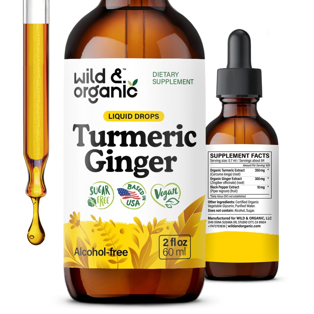 Picăturile de turmerie și de ghimbir sălbatic și organic - Suport comun și imun - Turmeric lichid cu extract de ghimbir și piper negru - Supliment curcumin - Vegan, zahăr și alcool-Free Tinctură - 2 oz