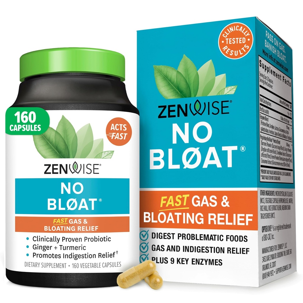 Zewise Health No Bloat Digestive Enzymes for Gut Health, Gas & Bloating Relief - Multi Enzimes Digestion Supplement with Probiotics, Ginger, Turmeric Dandelion & Lactase - Men & Women - 160 Count