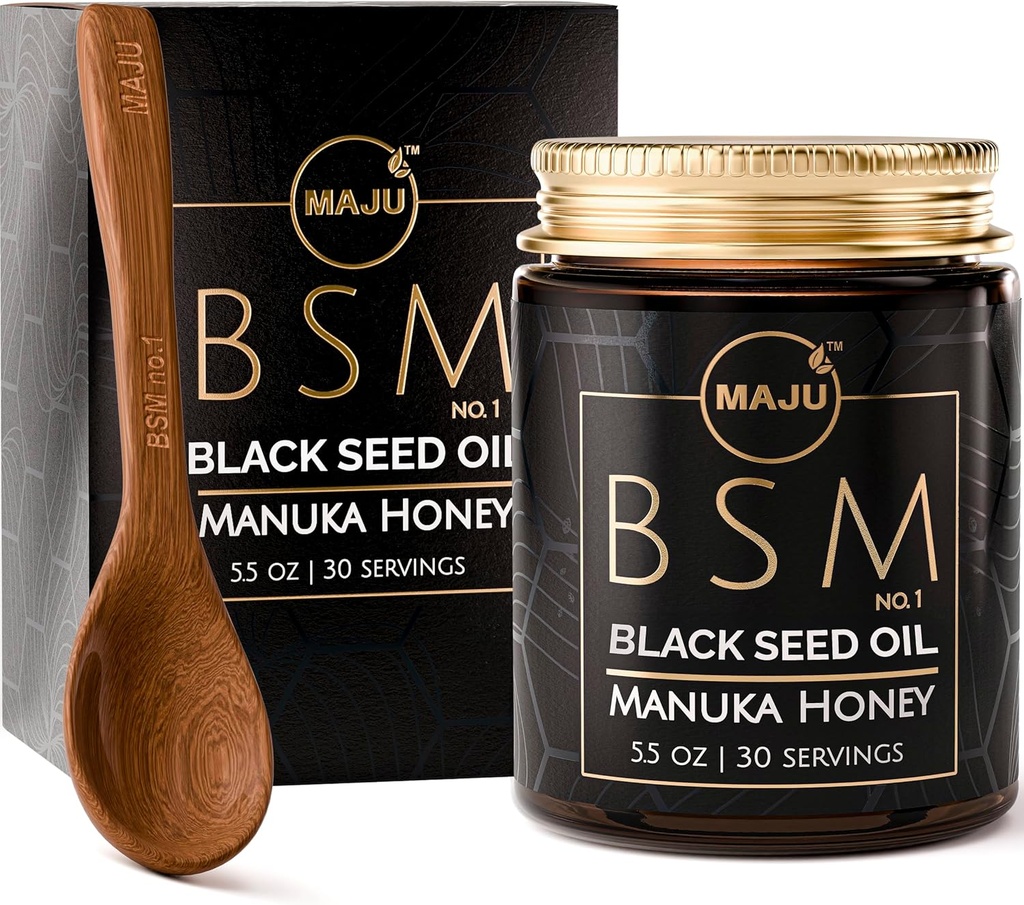 Ulei de semințe negru de MAJU 3-in-1, Manuka Honey & Seeds (Style Traditional) BSM nr. 1, BSM dulce & Crunchy Herbal Blend, Nigella Sativa Oil and Seeds, Nepasteurized & Raw Monofloral Manuka Honey Noua Zeelandă