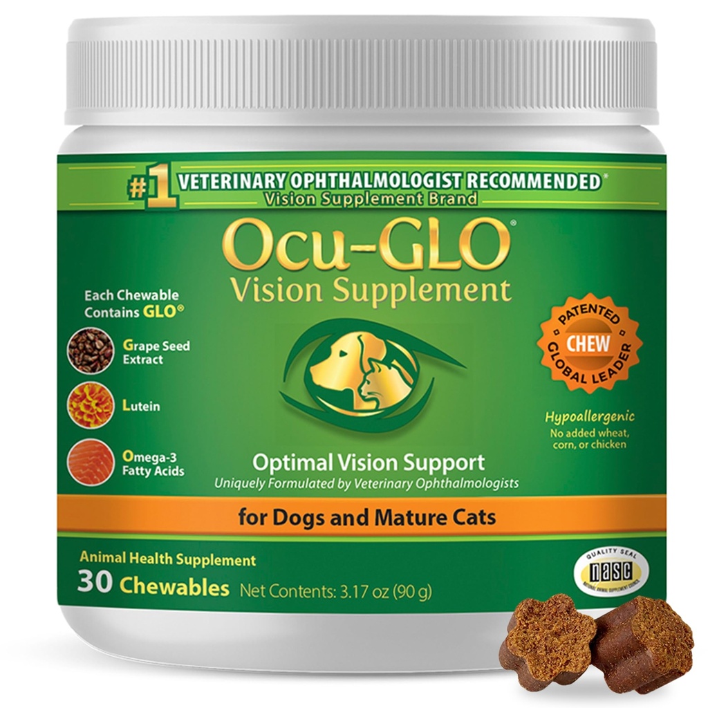 Ocu-GLO Cat & Dog Suplimentul Senior pentru Suportul Ochi - Viziune masticabile Suplimente Vitamine pentru animale de companie mari și mici Care cu luteina, Omega-3 Acidi grași, extract de semințe de struguri și antioxidanți