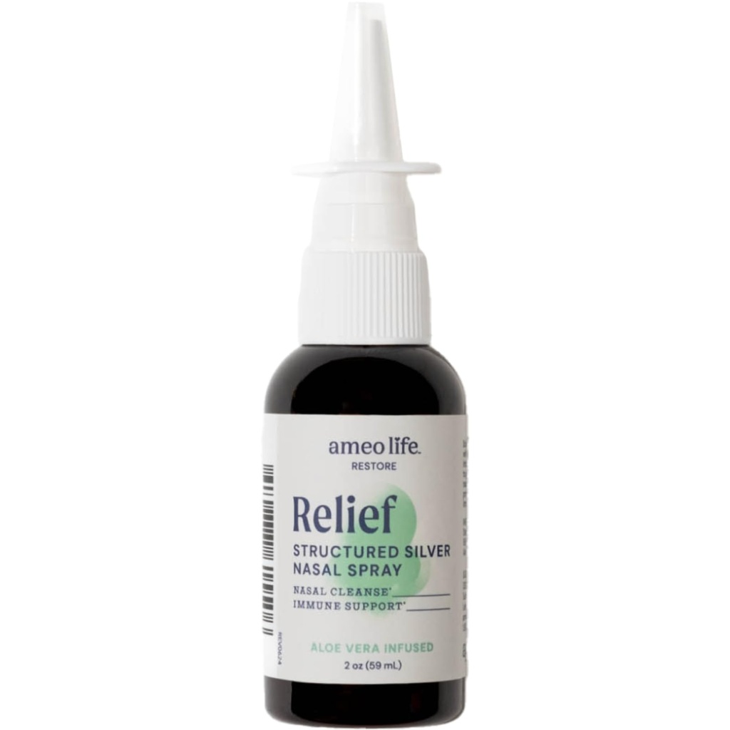 Ameo Life Aloe-Infuzat Argint coloidal Spray Nasal 24 PPM - Spray nas cu ingrediente naturale pentru alinarea congestiei nazale, Congestie sinusala, Mucus, & Iritatie - pentru utilizare zilnica (2 oz)