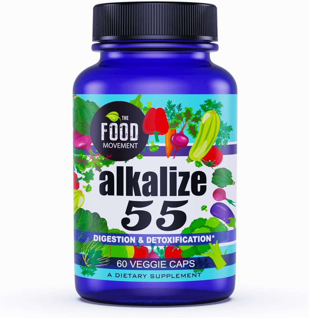 Mișcarea alimentară - Alkalize 55, 55 Alimente fermentate cu pământ negru Umezeală Minerale, Electroliti, Echilibrul pH-ului, Boosting imun, Vegan - 60 capace vegetale