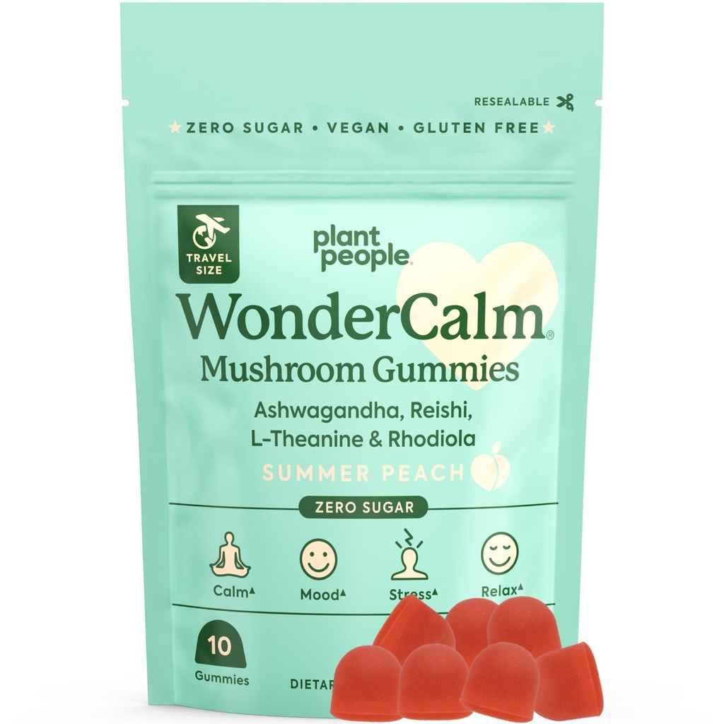 Oamenii de plante WonderCalm Gumies ciuperci - naturale Ashwagandha Suplimentul la stres usor si excitare pentru adulti fara zahar, gluten sau culori artificiale, Vegan-prietenos, Peach Aroma (Dimensiune proces)