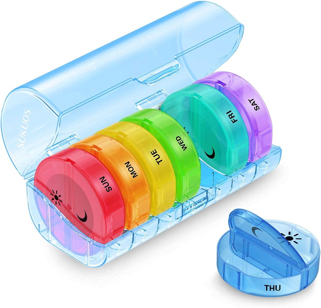 Sukuos Large Weekly Pill Organizator 2 ori pe zi, Daily Pill Box 7 zi Easy to Open with Dublu Protection, AM PM Pill Case for Medicine/Vitamin/Fish Oil/Supplements (Blue)