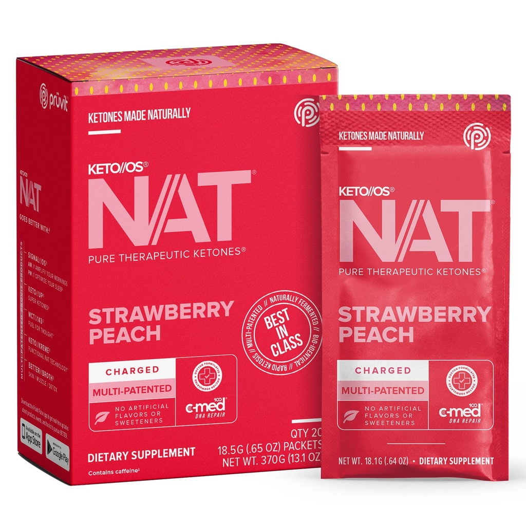 Pruvit - Keto//OS NAT - Strawberry Peach Charged Drink Mix cu C-Med 100, L-Taurină, Vitamine B6 & B12, Ketone Supliment - 18.5g