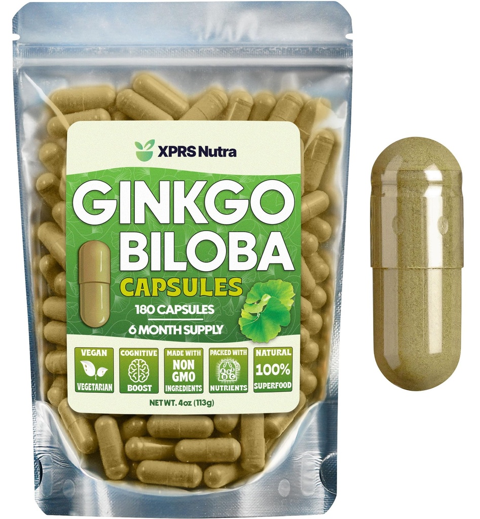 XPRS Nutra Ginkgo Biloba Capsule - Gingko Biloba Suplimente încapsulate pentru Cogniție - Vegan prietenos Ginkoba Biloba - Imunitate Boosting Ginkgo Biloba Capsule - 180 Conte