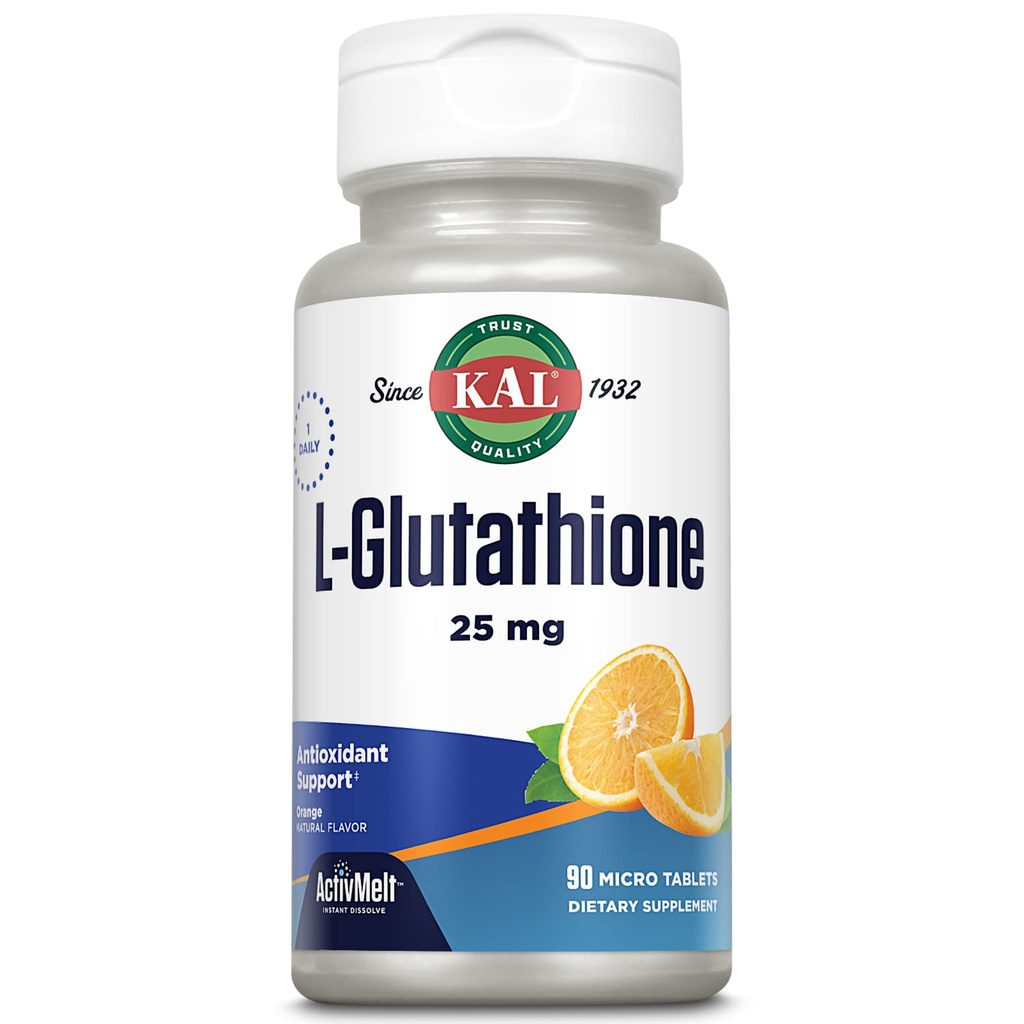 KAL L-Glutatione, supliment glutatione redus, antioxidant de înaltă absorbţie, aroma portocalie Distilare instantanee ActivMelt, vegetarian, Lab verificat, 90 Servings, 90 Micro Tablete