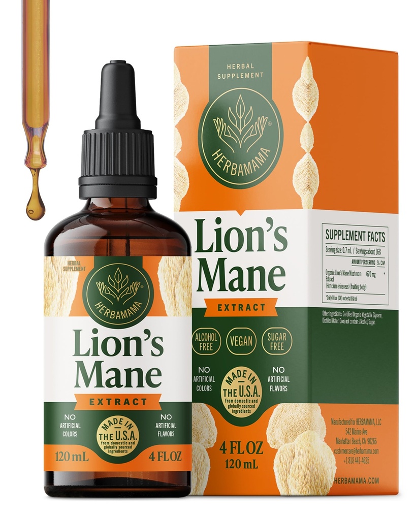 HERBAMAMA Lions Mane Tincture - Vegan Focus & Nerve Support with Lion's Mane Mushroom Extract - Hericiu Erinaceus Brain Supplement - Non-GMO, Alcool & Sugar-Free - 84-Day Suppliment