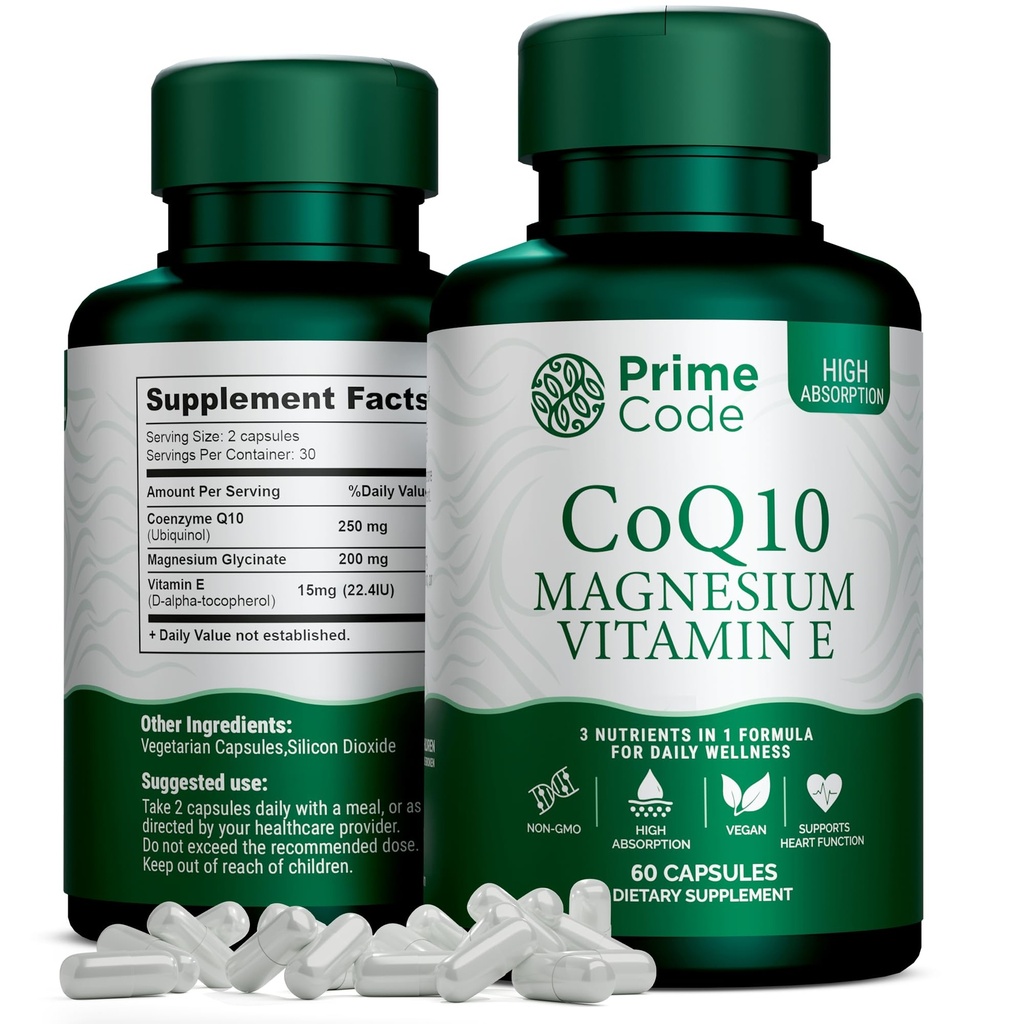 Prime Code [3 in 1] CoQ10 250mg cu Glycinat de magneziu și vitamina E 